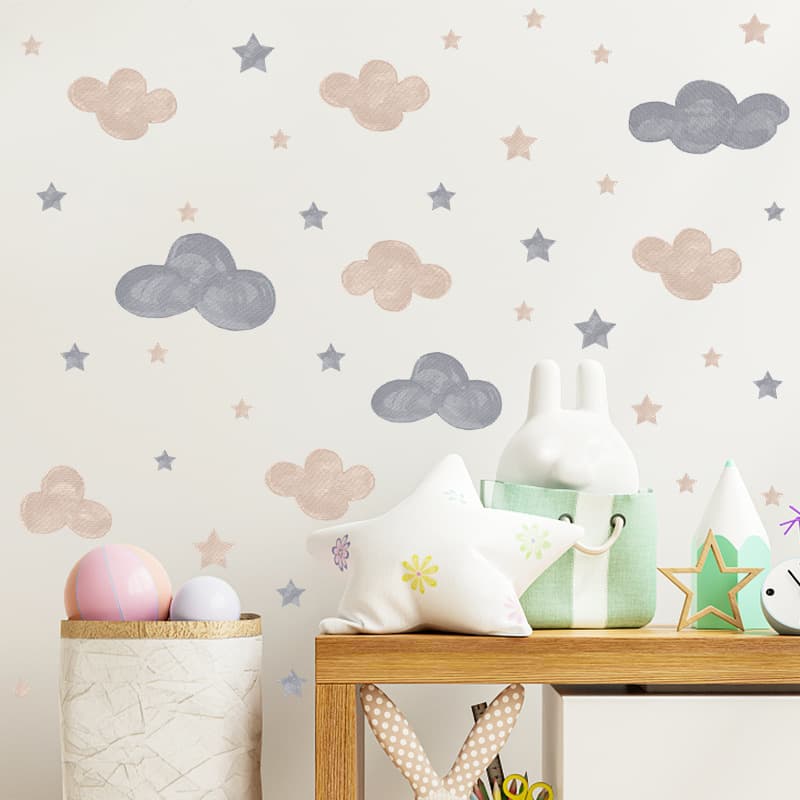 FX7103 Watercolor Cloud and Star Kids Room Kindergarten Bedroom Living Room Entryway Home Wall Decal Sticker