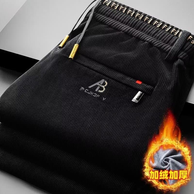 Winter Men's Casual Corduroy Pants, Loose Straight Leg Elastic Waist Sports Trousers, Thickened Fleece-Lined Long Pants for Autumn and Winter
