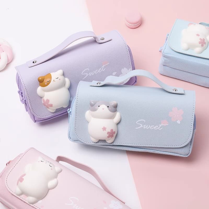Stress-Relief Cat Pencil Case, Large Capacity School Pencil Pouch for Elementary Students, Japanese Ins Style Decompression Kids Stationery Bag, Cute for Middle Schoolers
