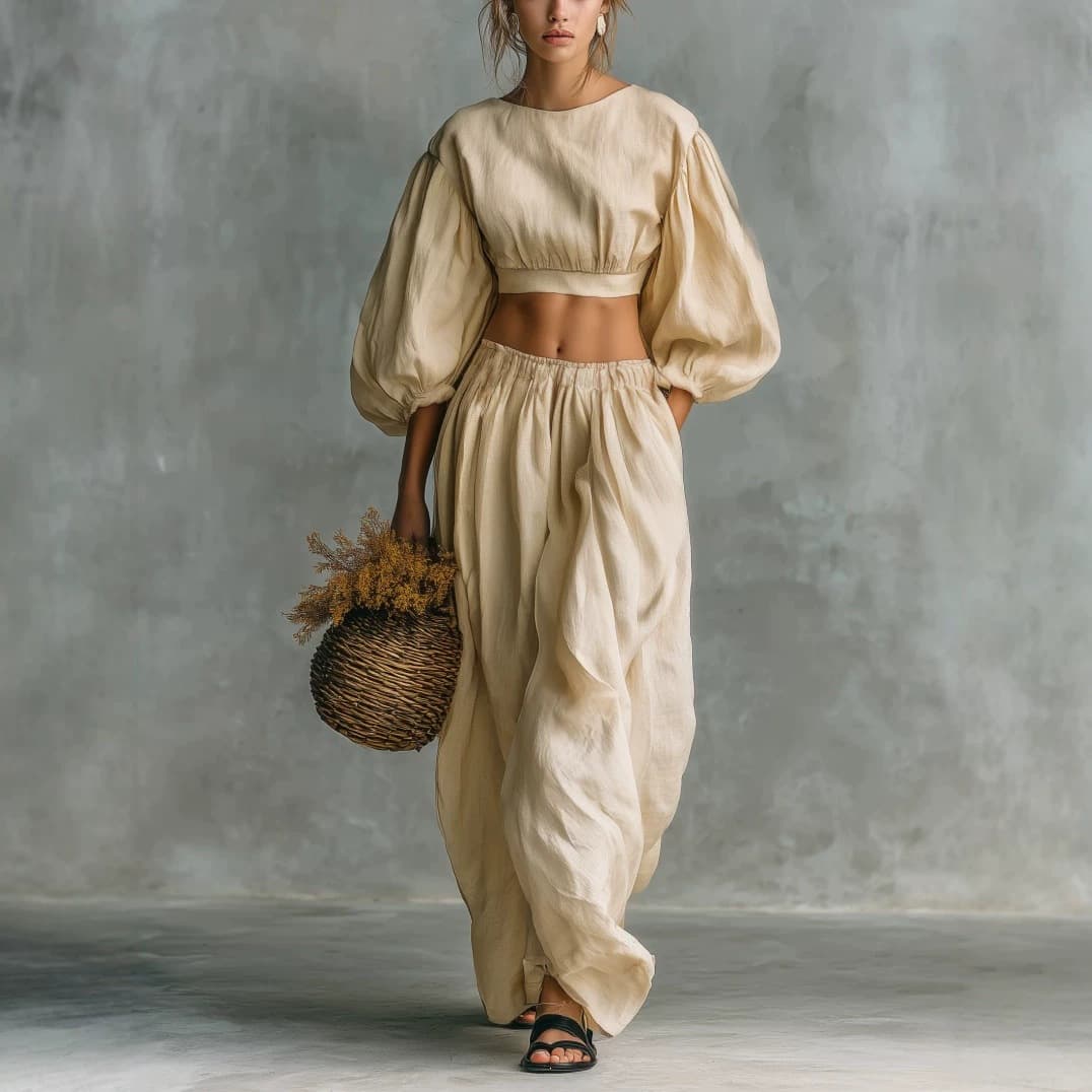 2026 EU-US Cross-Border Amazon Independent Store Round Neck Bubble Sleeve Pocket Trousers Casual Fashion Women's Set