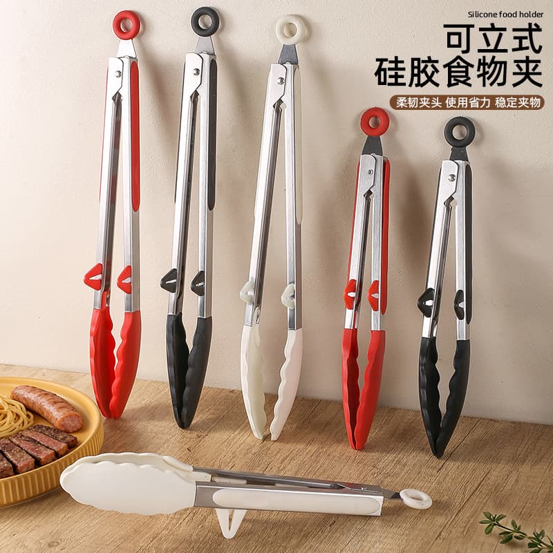 Silicone Food Tongs with Stand, 9/12 Inch, Tongs with Holder, BBQ Tongs, Steak Tongs, Restaurant Bread Tongs