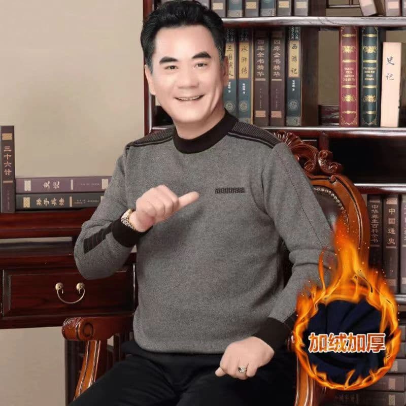 Winter Middle-aged and Elderly Men's Round Neck Integrated Fleece Sweater Long Sleeve Casual Thick Warm Knitwear Father's Sweater