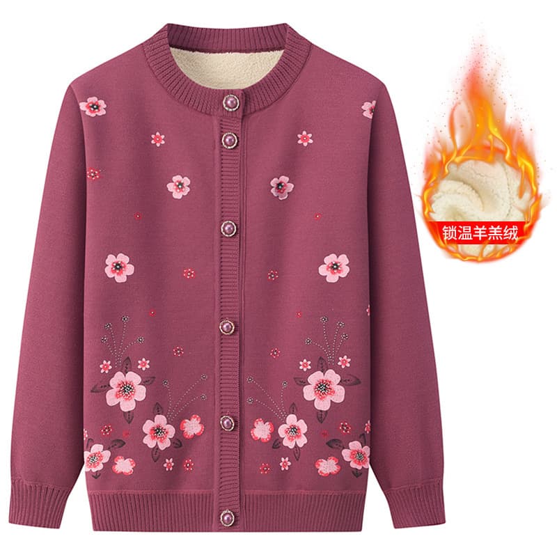 Winter sweater cardigan for middle-aged and elderly women, fleece-lined and thickened for spring and autumn, suitable for older ladies.