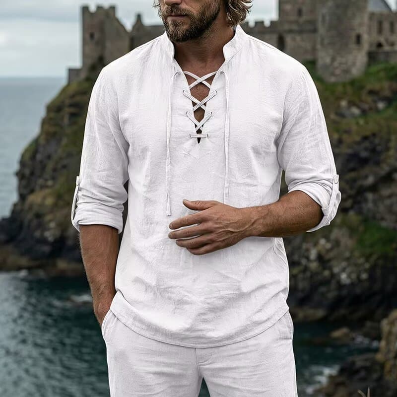 2026 Foreign Trade Trend Summer Men's Henley Long Sleeve Versatile Casual Hippie Stand Collar T-Shirt European Size Ready in Stock
