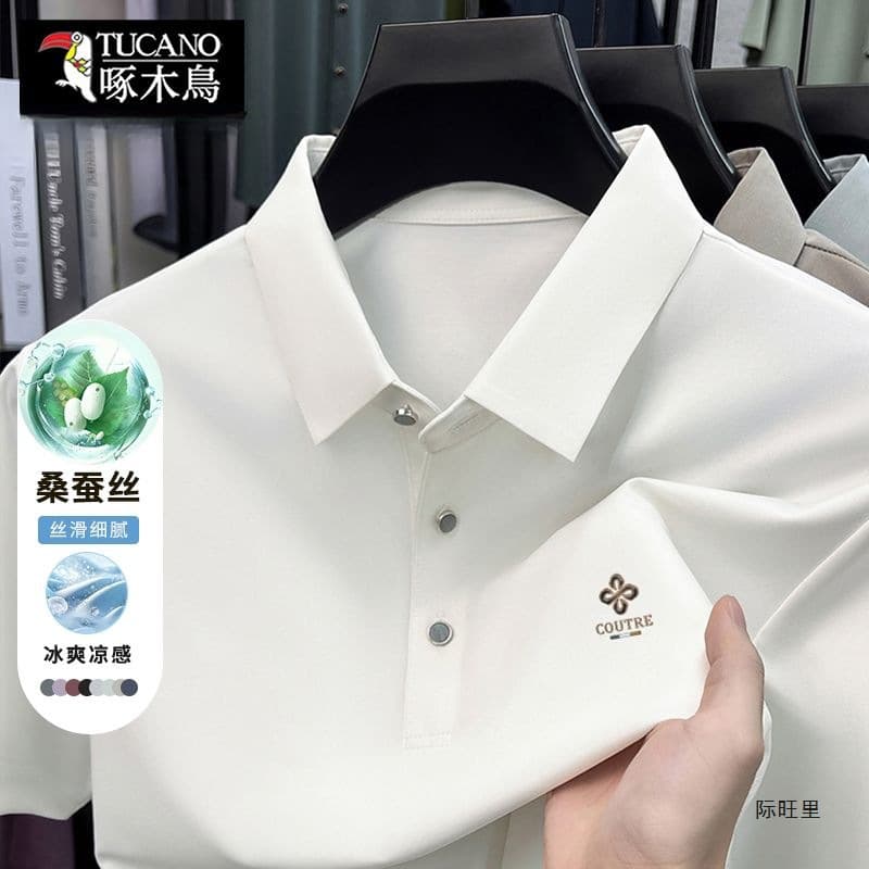 Woodpecker Mulberry Silk Short Sleeve POLO Shirt Men's Summer Ice Silk Cool Breathable Casual Lapel T-shirt Dad's Wear