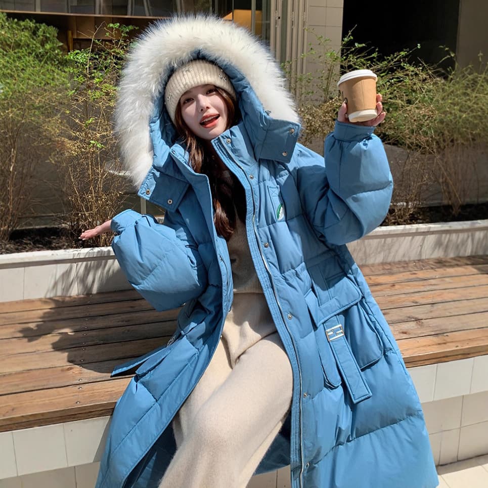 2025 New Extra Large Plus-Size Slim Fit Waist-Cinching Slimming Long Hooded Raccoon Fur Hooded Down Jacket 240