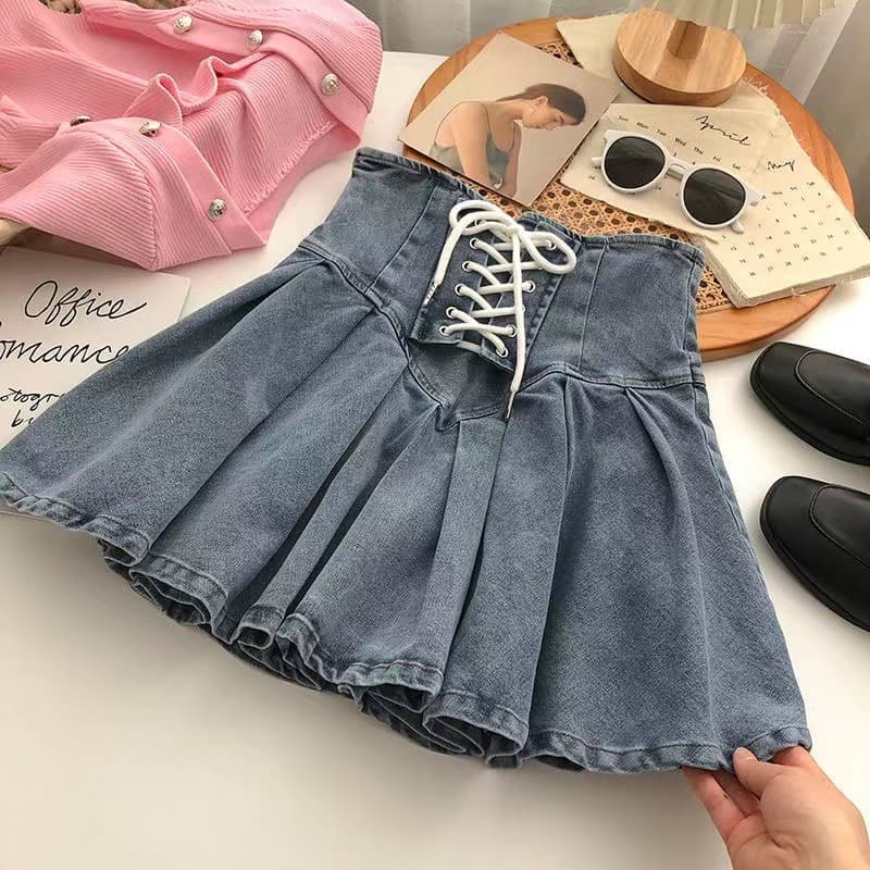 Girls Spring Summer New Stretch Denim Pleated Skirt Korean Cross Tie Elastic Waist Short Skirt Anti-Exposure Half Skirt