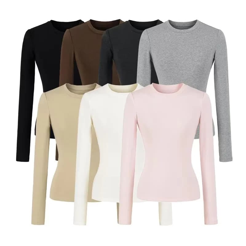 Women's American-style cinched waist design regular shoulder long-sleeve T-shirt, autumn and winter inner layer imitation wool tight fit top