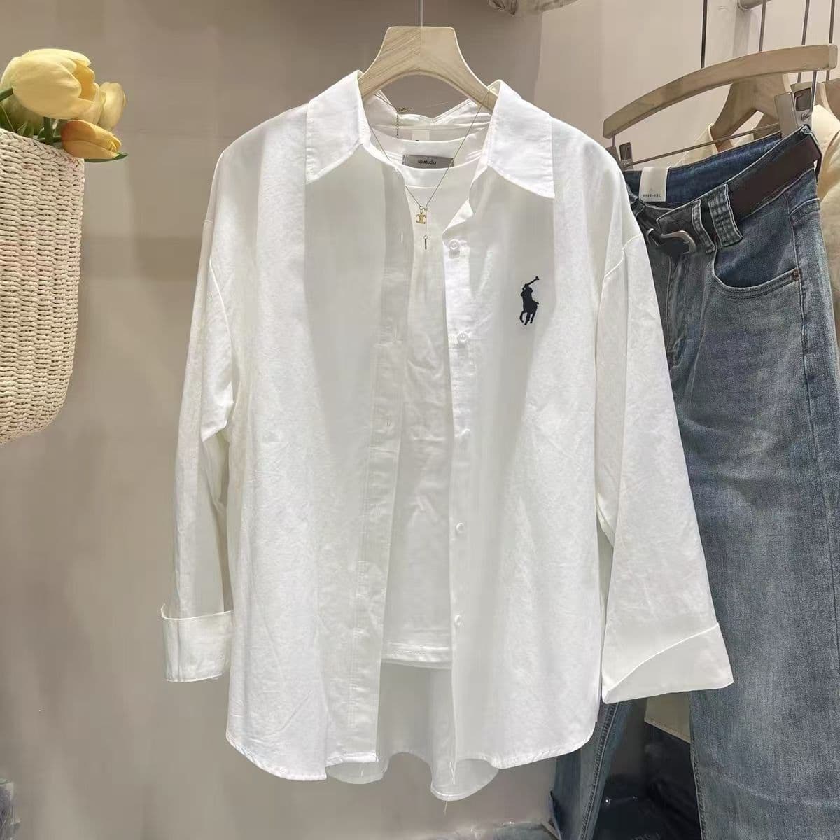 French Pony Embroidery Pure Cotton Shirt for Women Spring Summer Layering Design Shirt Early Autumn Sun Protection Jacket Top
