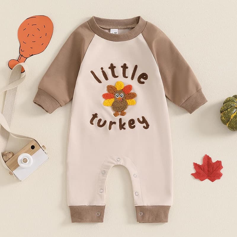 2024 Spring/Autumn New Cartoon Cute Round Neck Color-Block Letter Turkey Embroidered Long-Sleeve Bodysuit with Crotch Opening