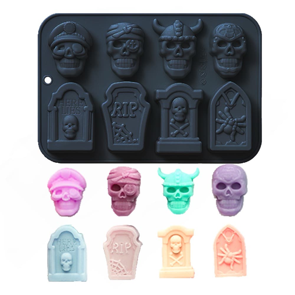 8-Compartment Tombstone Silicone Chocolate Mold Skull Back Head Mold Jelly Pudding Candy Ice Cube Tray Fondant Cake Mold