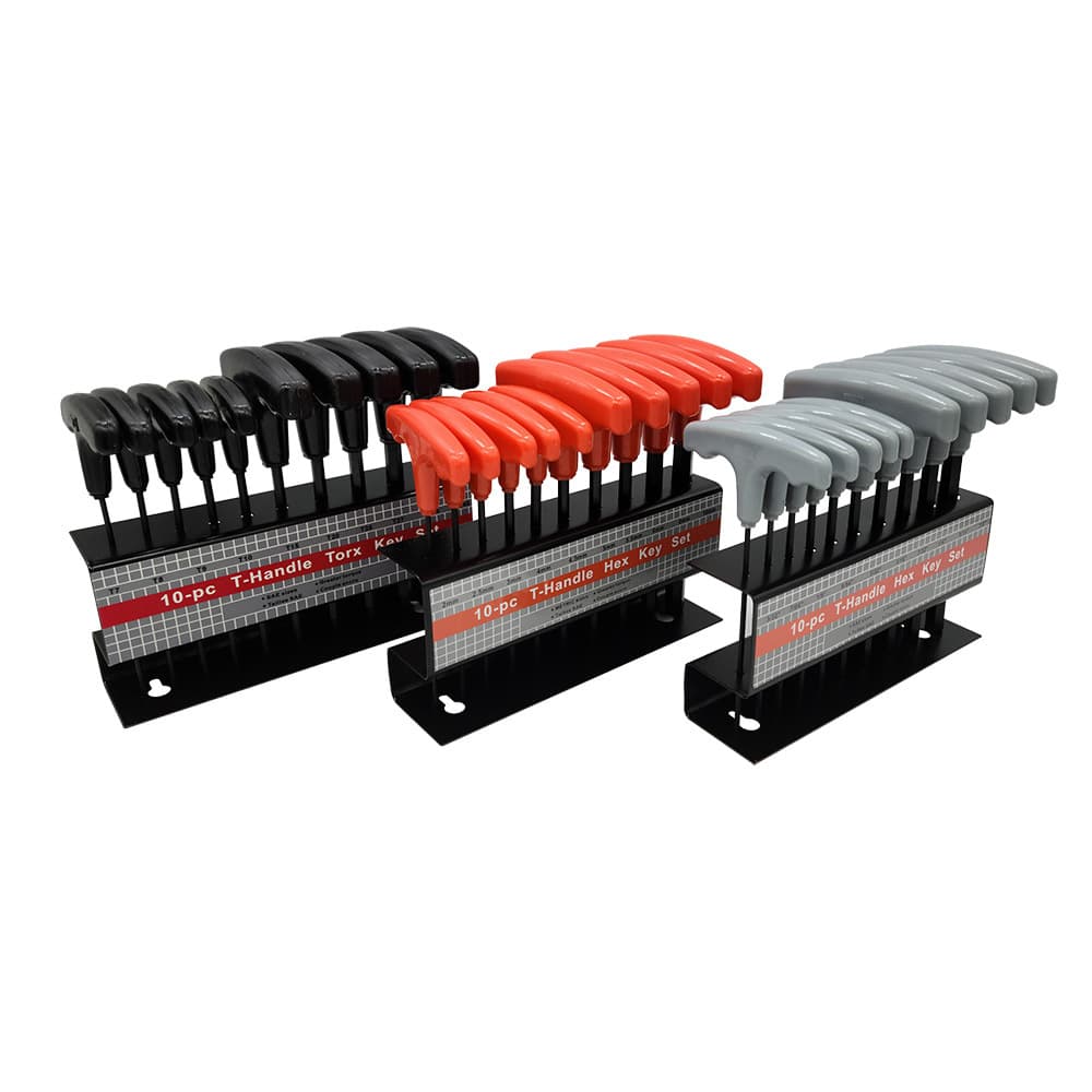 10-Piece T-Handle Hex Key Set, Metric H2-H10, Imperial 3/32-3/8, Combination T7-T40, Blackened + Iron Stand