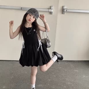 Yuyu Princess Girls Black Patchwork Sleeveless Dress Children Waist Sporty Bud Lantern Vest Dress