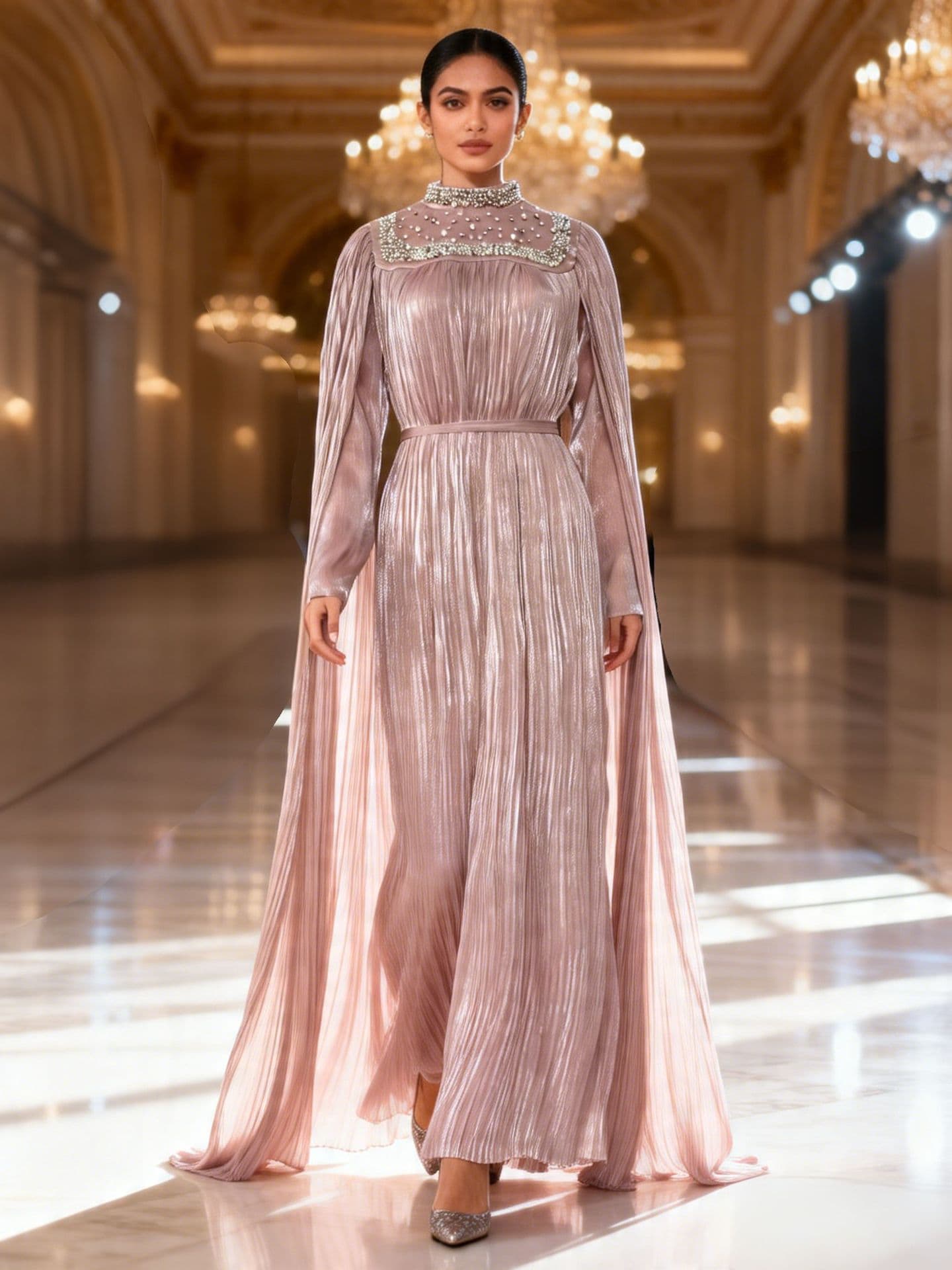 In Stock Fast Shipping Southeast Asia Exclusive Heavy Beaded Chiffon Pleated Robe Malaysia Elegant Long Sleeve Dress