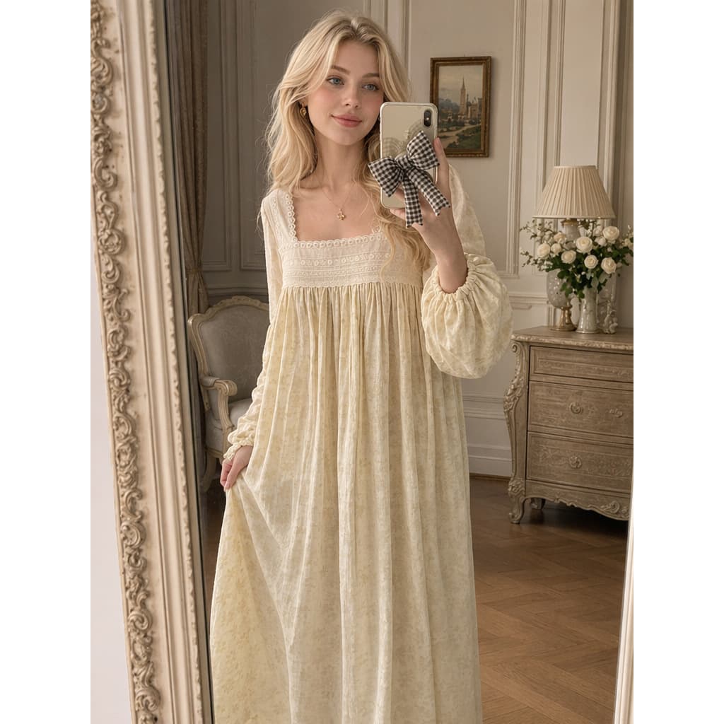 Cross-Border Princess Style Square Neck Pure Cotton Nightgown for Women, Spring/Autumn Loose Floral Long Wearable Loungewear Sleep Dress