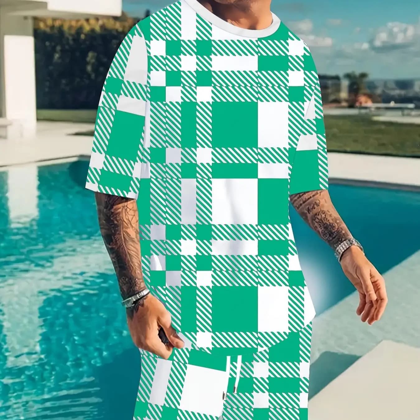 Plus Size 3D Digital Print Men's Summer Casual Set, Plaid Pattern Round Neck Short Sleeve and Shorts Set