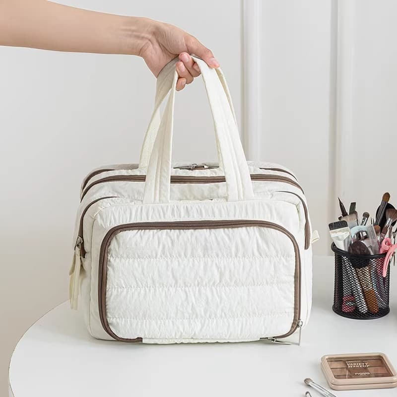 2026 new style double wide opening large capacity partitioned cosmetic bag high-end fluffy travel portable toiletry storage bag