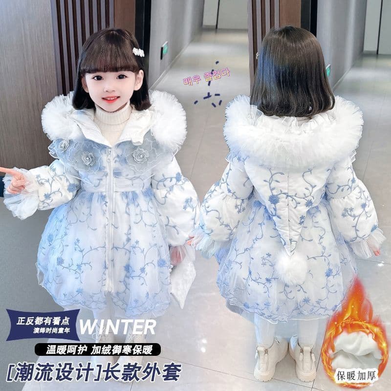 Girls Lolita Quilted Cotton Coat Winter White Blue Embroidered Tulle Princess Long Hooded Thick Jacket with Fur Collar
