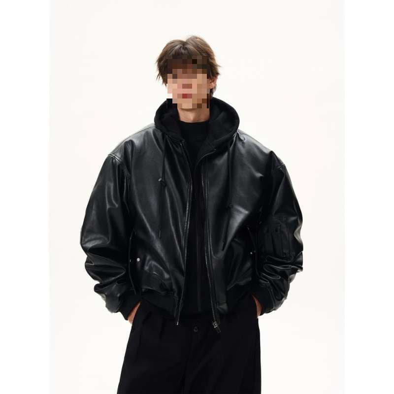 American-Style Cross-Border Heavyweight Faux Two-Piece Pu Leather Jacket for Women and Men, Autumn Trendy Brand, Loose Thick Bomber Top Coat