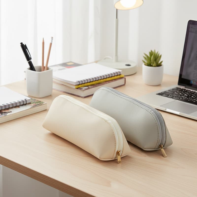 Curved Zipper Pencil Case Leather Waterproof Minimalist Casual Japanese Style Cosmetic Organizer Brush Storage Bag