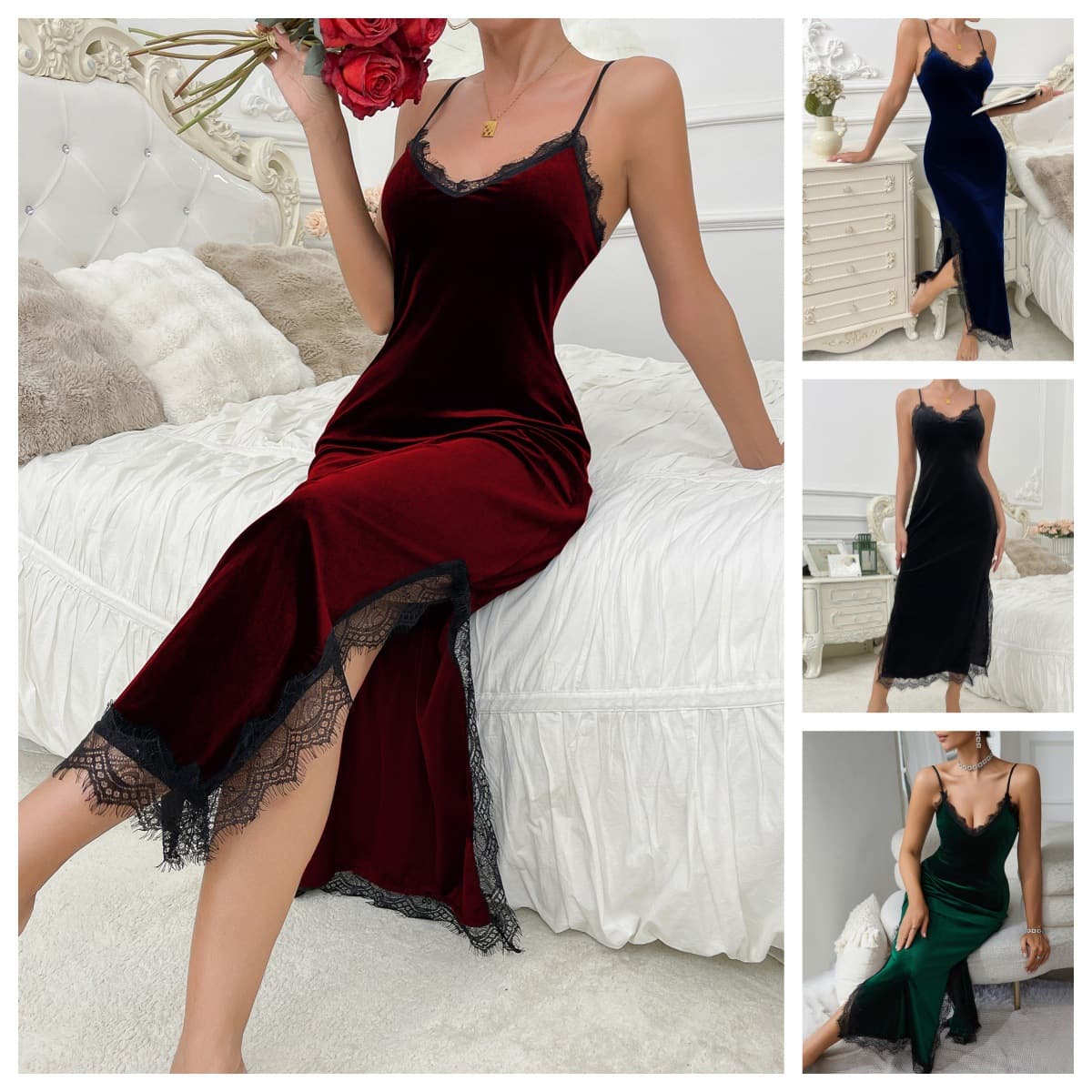 Feiyun Cross-border Women's Lace Patch Split Long Homewear Pajamas Multicolor Sexy Velvet Camisole Nightgown 137