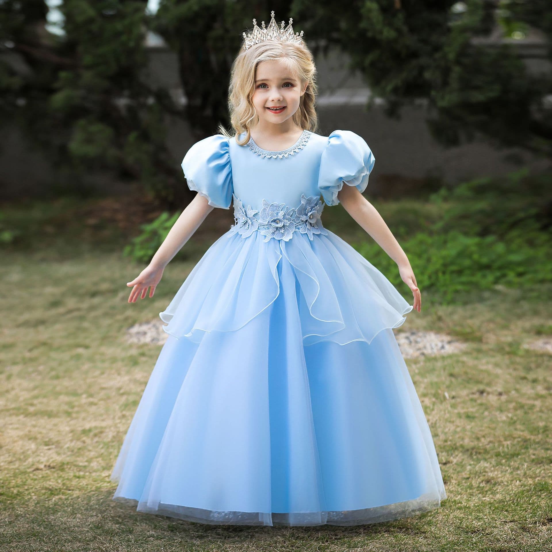 Cinderella Ball Gown Princess Dress Blue Tulle Puff Sleeve Long Dress Children Gowns