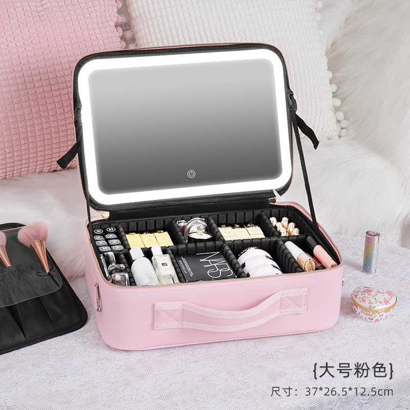 Large Capacity Makeup Bag with Light, Cosmetic Case with Full-Screen Mirror, Portable Handheld Travel Cosmetic Storage Bag Organizer