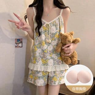 2026 Summer Cloud Cotton Sleepwear Set with Padded Bra for Women, Sweet Lace Camisole and Shorts, Princess Style Loungewear Set