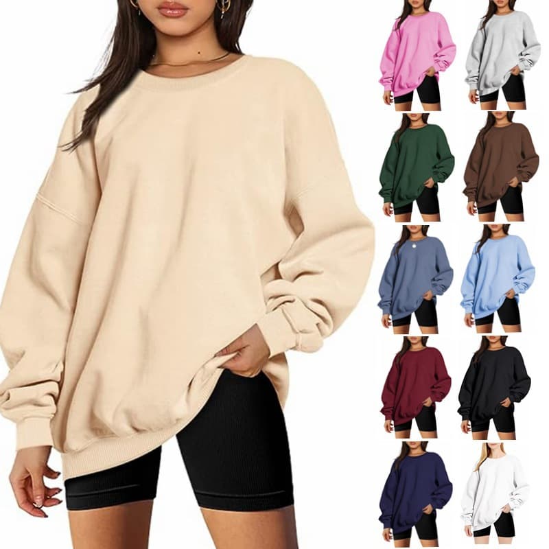 2025 European and American Women's Drop Shoulder Sweatshirt, Round Neck, Comfortable Casual Fleece-Lined Oversized Hoodie for Amazon Cross-Border Trade