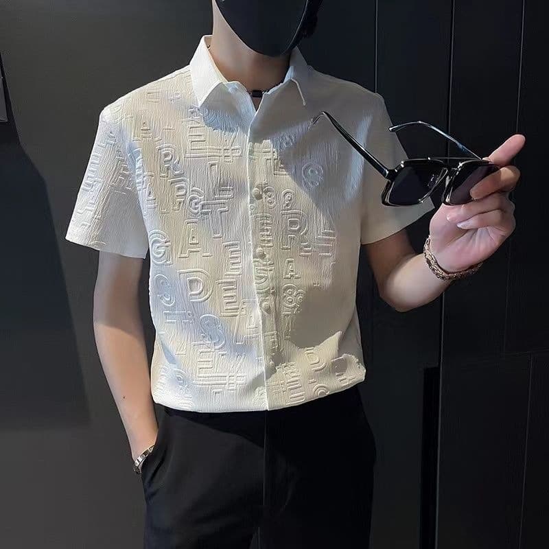 Men's Short Sleeve Shirt Summer Thin Slight Stretch Embossed Slim Fit Trendy Business Casual Wrinkle-Free Wholesale