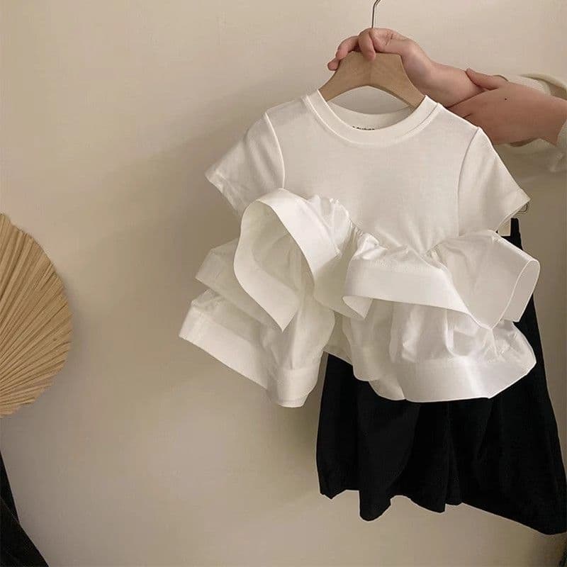 Girls White Spliced Short Sleeve T-Shirt 2025 Summer Children Baby Girl Korean Style Sweet Cake Top