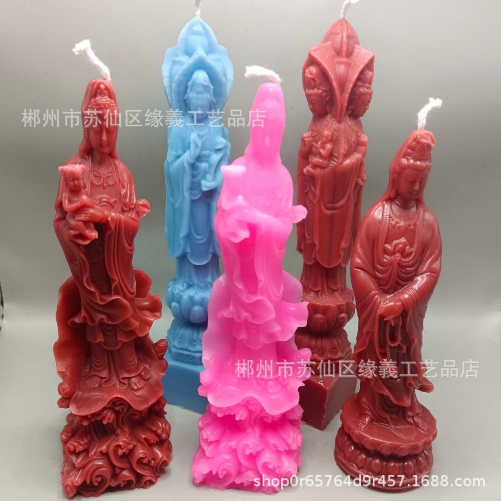 Handmade Guanyin Candle with Child, Three-Faced Guanyin Candle, Rosary Guanyin Candle, Buddha Statue Shaped Candle, Multiple Colors Available