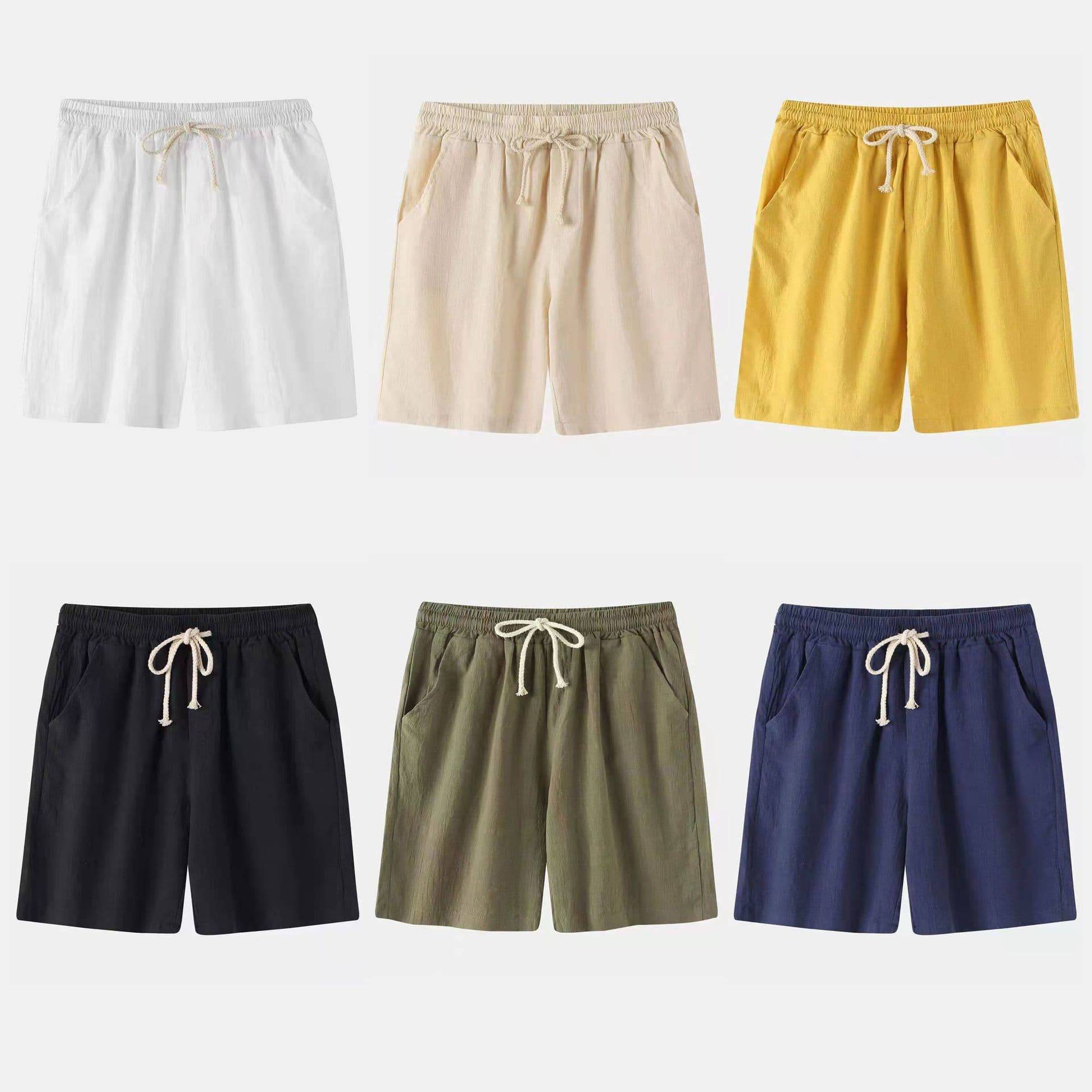 Men's Casual Cotton Linen Beach Pants Summer Slim Fit Short Shorts Pure Color Korean Style Straight Leg Mid Waist Lightweight