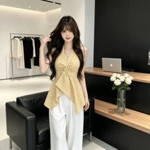 French Grid Halter Top Women's Summer New Twist Waist Sleeveless Top Korean Design V-Neck Camisole