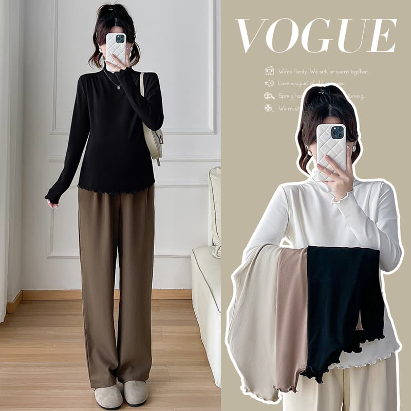 In Stock Maternity Wear Autumn/Winter Design Sense Ruffled Fleece Base Layer Fashion Half High Neck Versatile Maternity Top