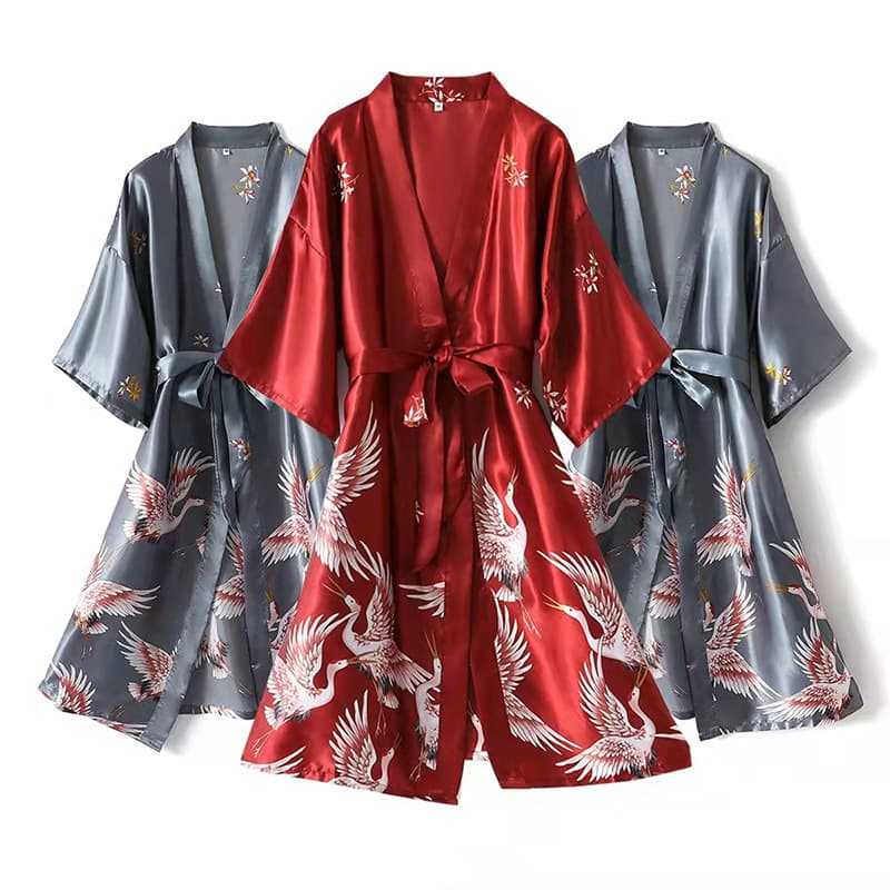 Silk-like Cropped Robe Crane Print For Women Spring/Summer Morning Gown Home Sleepwear Bathrobe