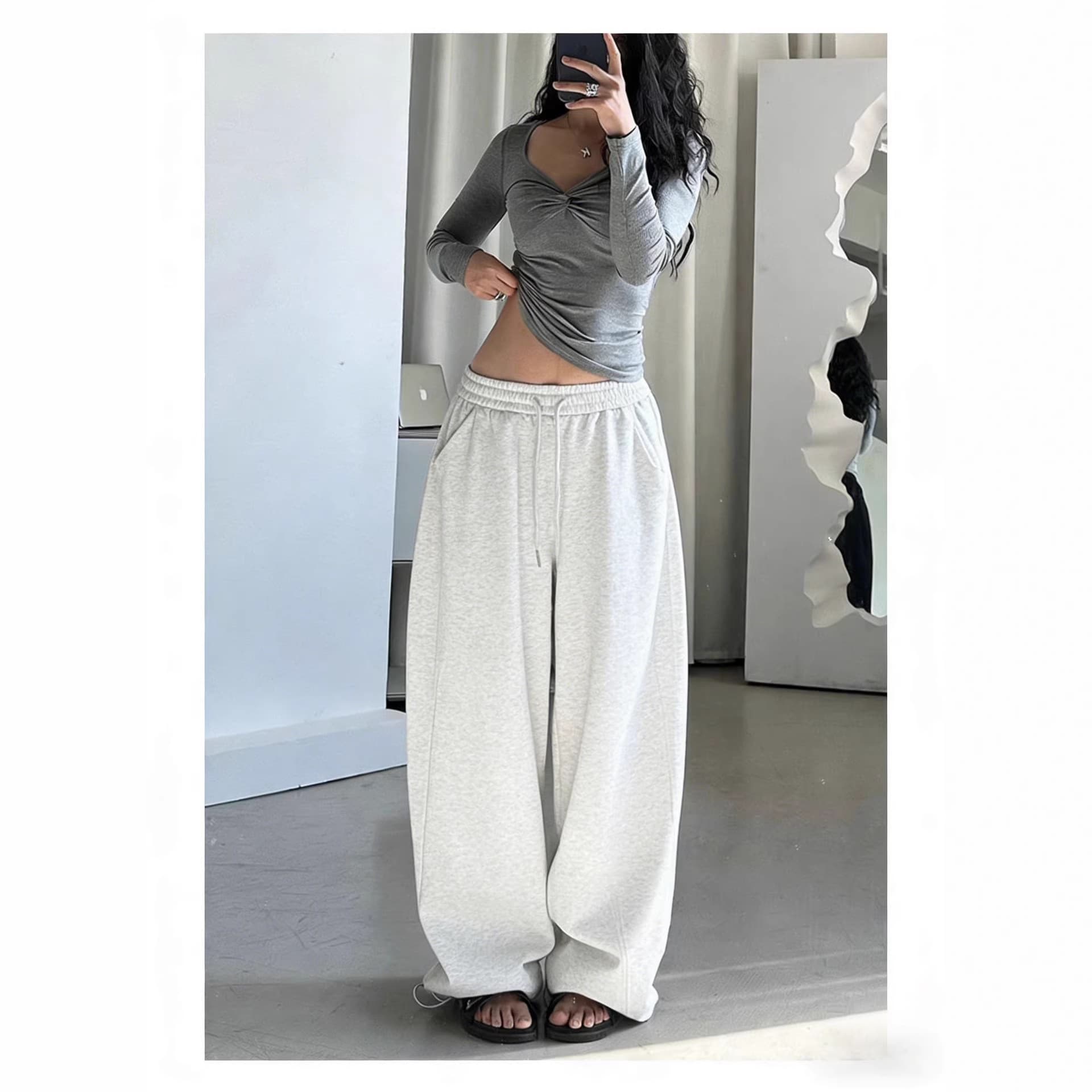 White and gray sweatpants for women spring 2026 new high-waisted slim wide-leg pants plus velvet leggings for small people