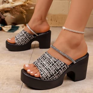 Cross-Border Rhinestone Women's High Heel Sandals 2026 Summer New Chunky Heel Open Toe Roman Slide Sandals for Women