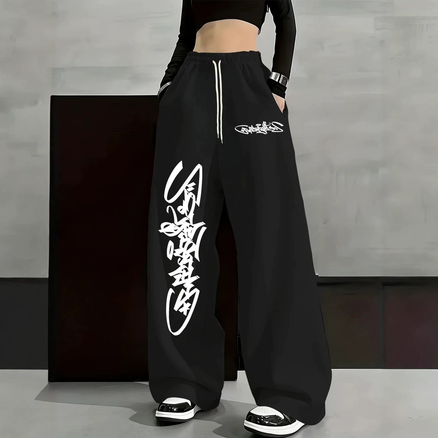 American hip-hop casual pants for women cross-border loose and versatile retro Y2K Gothic letter printed drawstring sports trousers