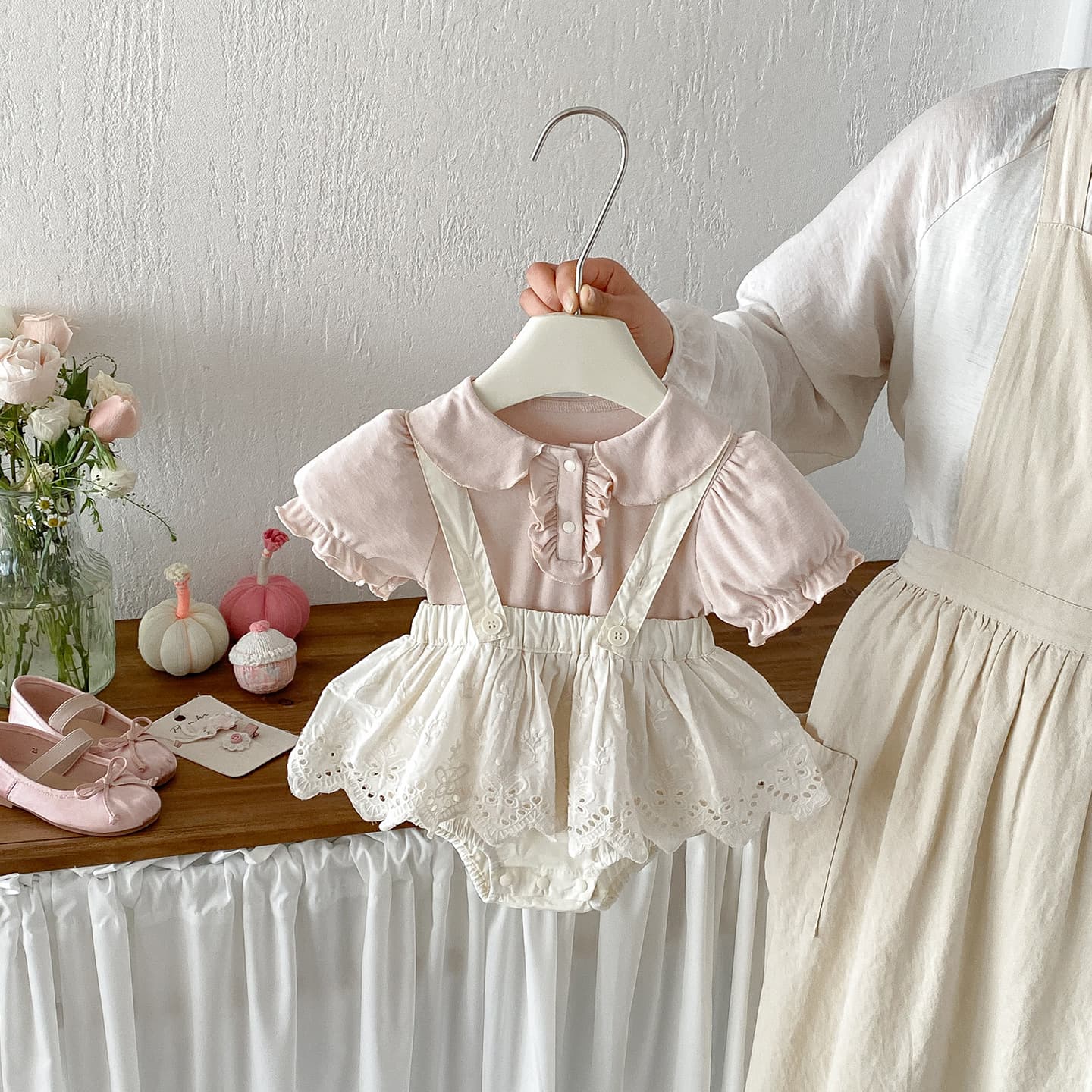 Dianxi sweet baby fart clothes suit baby summer new baby doll shirt short-sleeved suspenders two-piece set