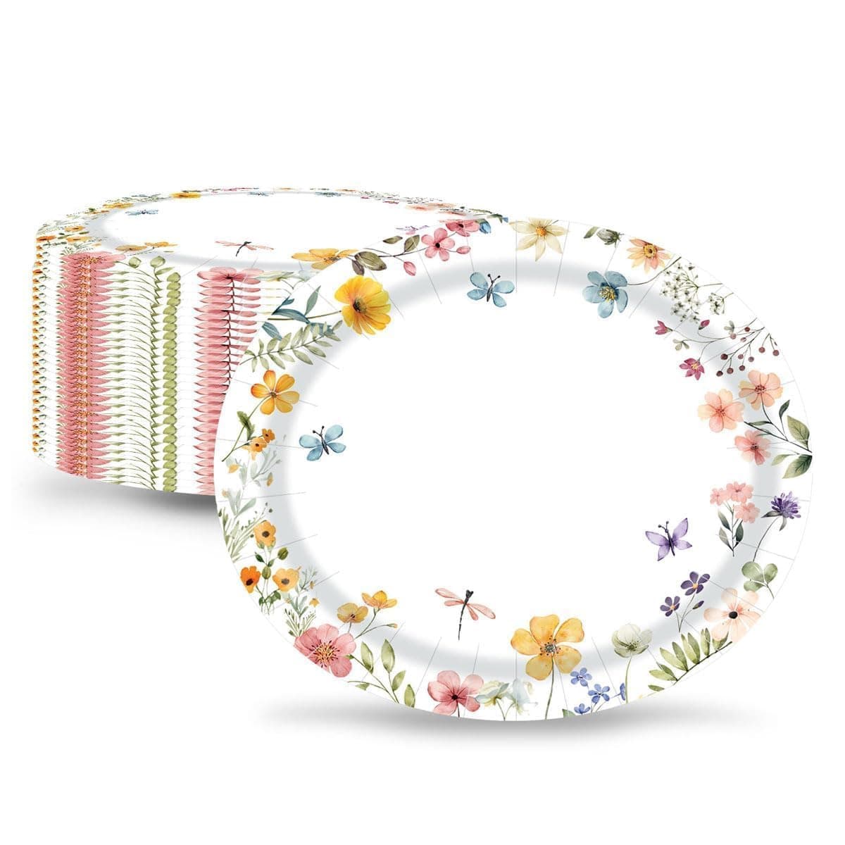 Watercolor Wildflower Themed Oval Paper Plates for Spring Baby Showers, Birthday Bridal Parties, Tea Parties, Outdoor Picnics, and Decorations