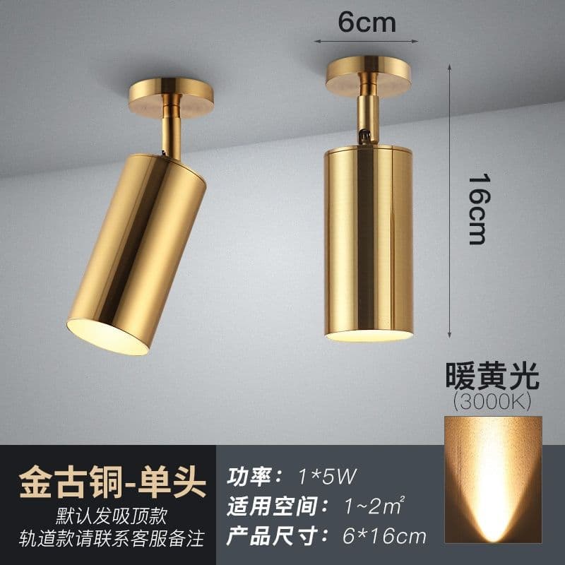 Nordic Luxury Brass Gold LED Spotlights for Home Use, Track-Mounted or Surface-Mounted Ceiling Lights Without Drilling