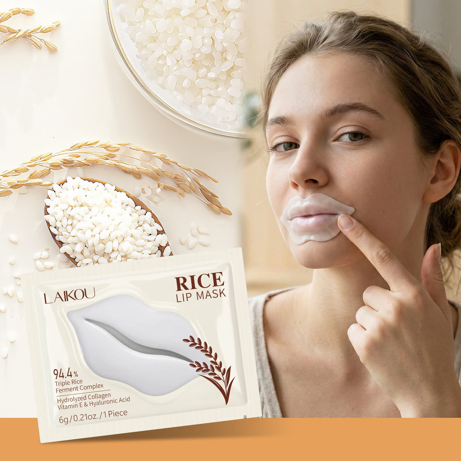Cross-border LAIKOU rice lip mask 6g hydrating and moisturizing lip mask full English foreign trade wholesale skin care products in stock