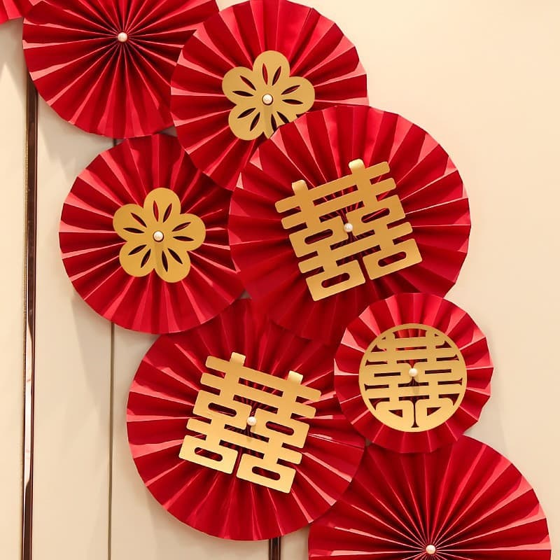Double Happiness Wedding New Home Decoration Paper Fan Flower for Bride or Groom's Home, Creative Simple Elegant Bedroom Decor