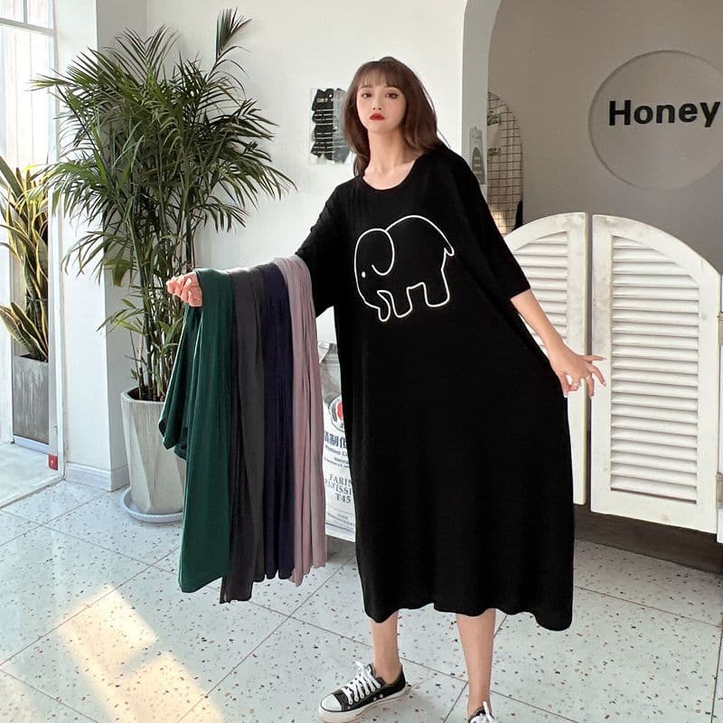 Large size loose pajamas for women, short sleeve long skirt, modal printed dress, nightgown, maternity dress suitable for outerwear