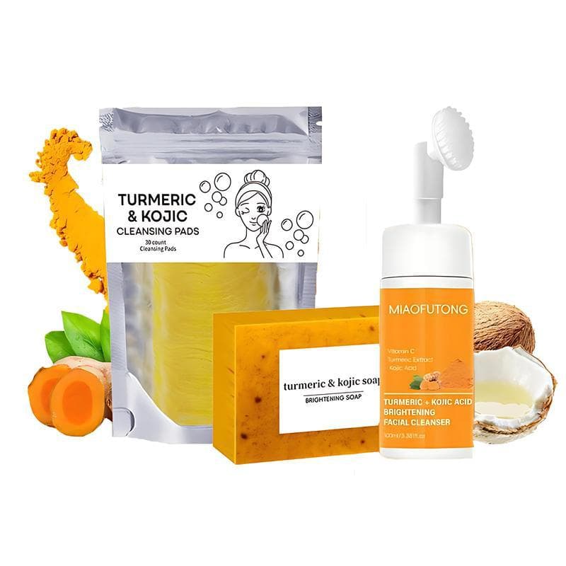 Cross-border TK Hot Turmeric Cleansing Mousse Face Cleansing Pad Turmeric Soap 3-Piece Set Cleansing Moisturizing Skincare Set