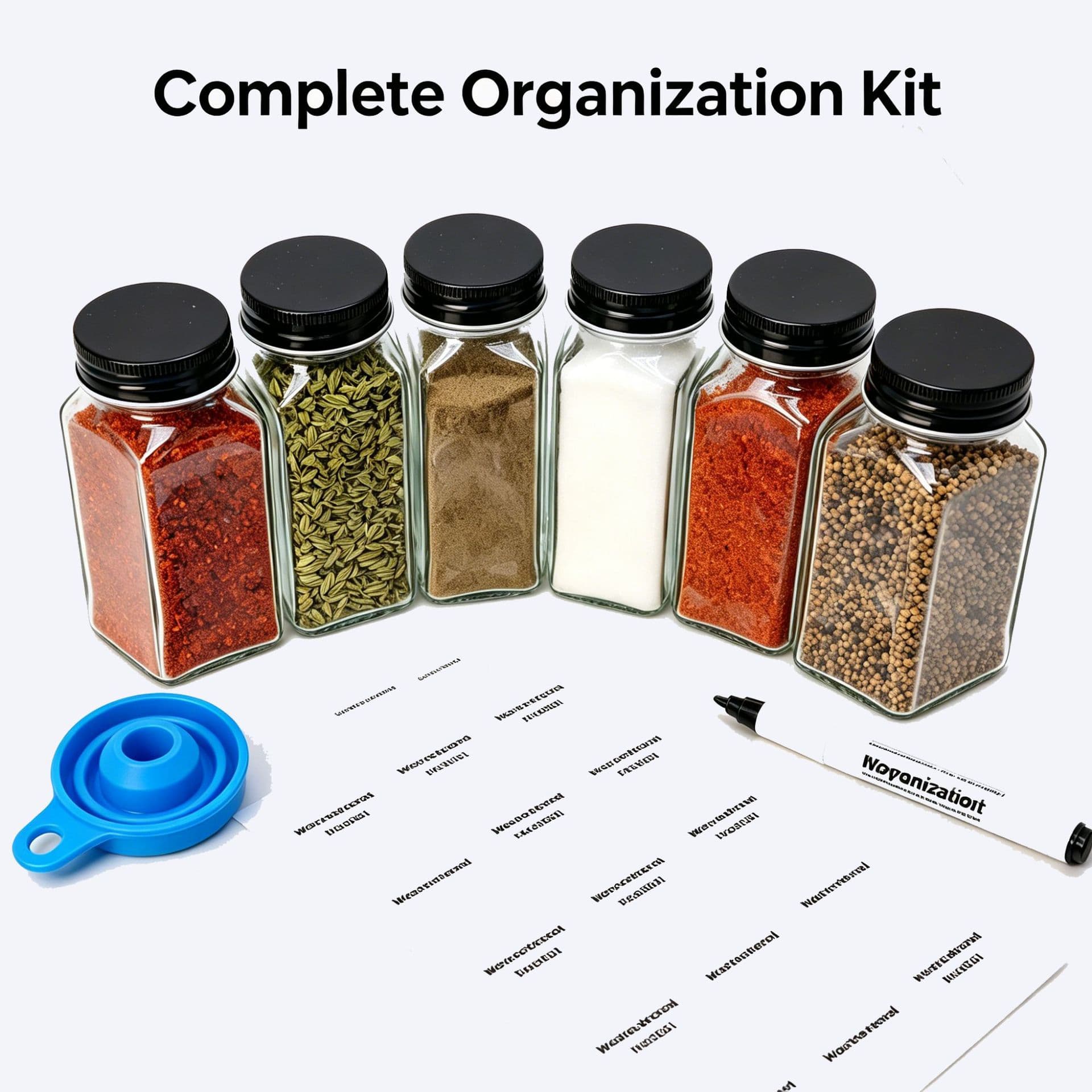 Cross-border Hot Selling Square Glass Seasoning Bottle Set, Double Lid Sealed Spice Jar with Label Funnel Kitchen Storage