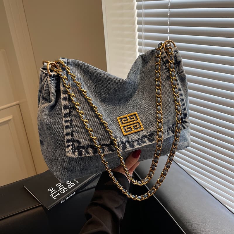 Cross-border washed denim bag for women, vintage casual lazy commuting chain underarm bag, large capacity single shoulder tote bag