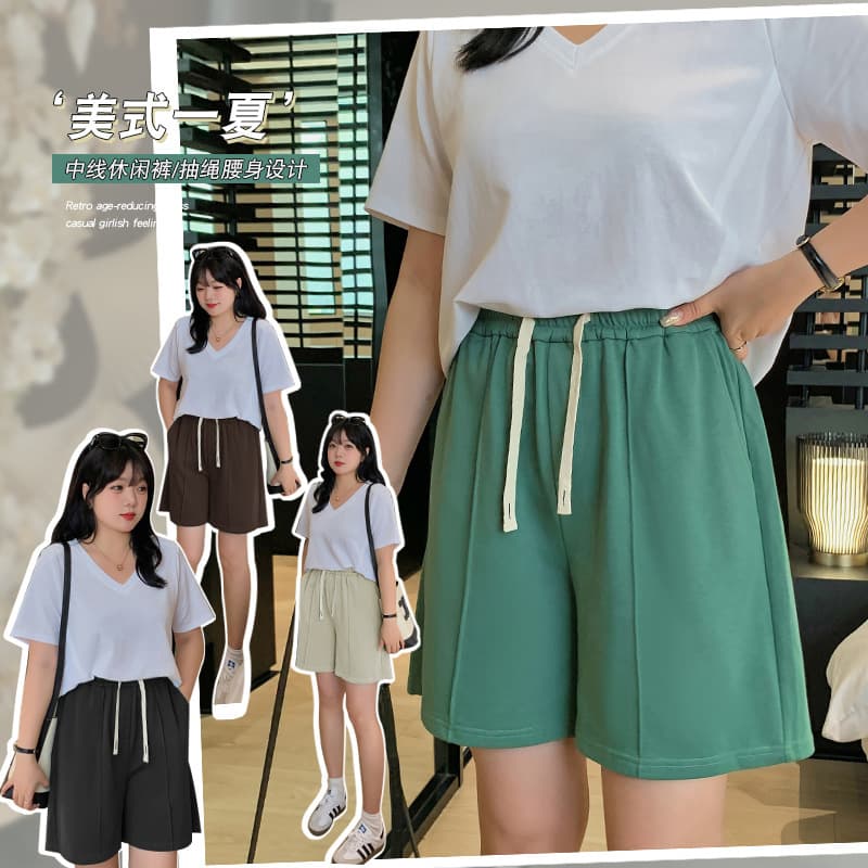 W1026 Summer Plus Size Shorts Midline Casual High Waist Drawstring Hot Pants Trendy Brand A-Line Knee-Length Shorts - BFD