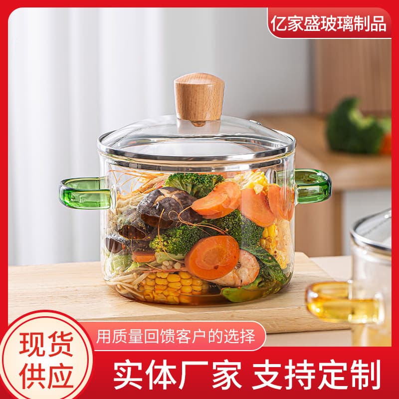 High borosilicate glass instant noodle bowl, large lidded double-handled soup pot, gas stove heatable, transparent stewing pot.